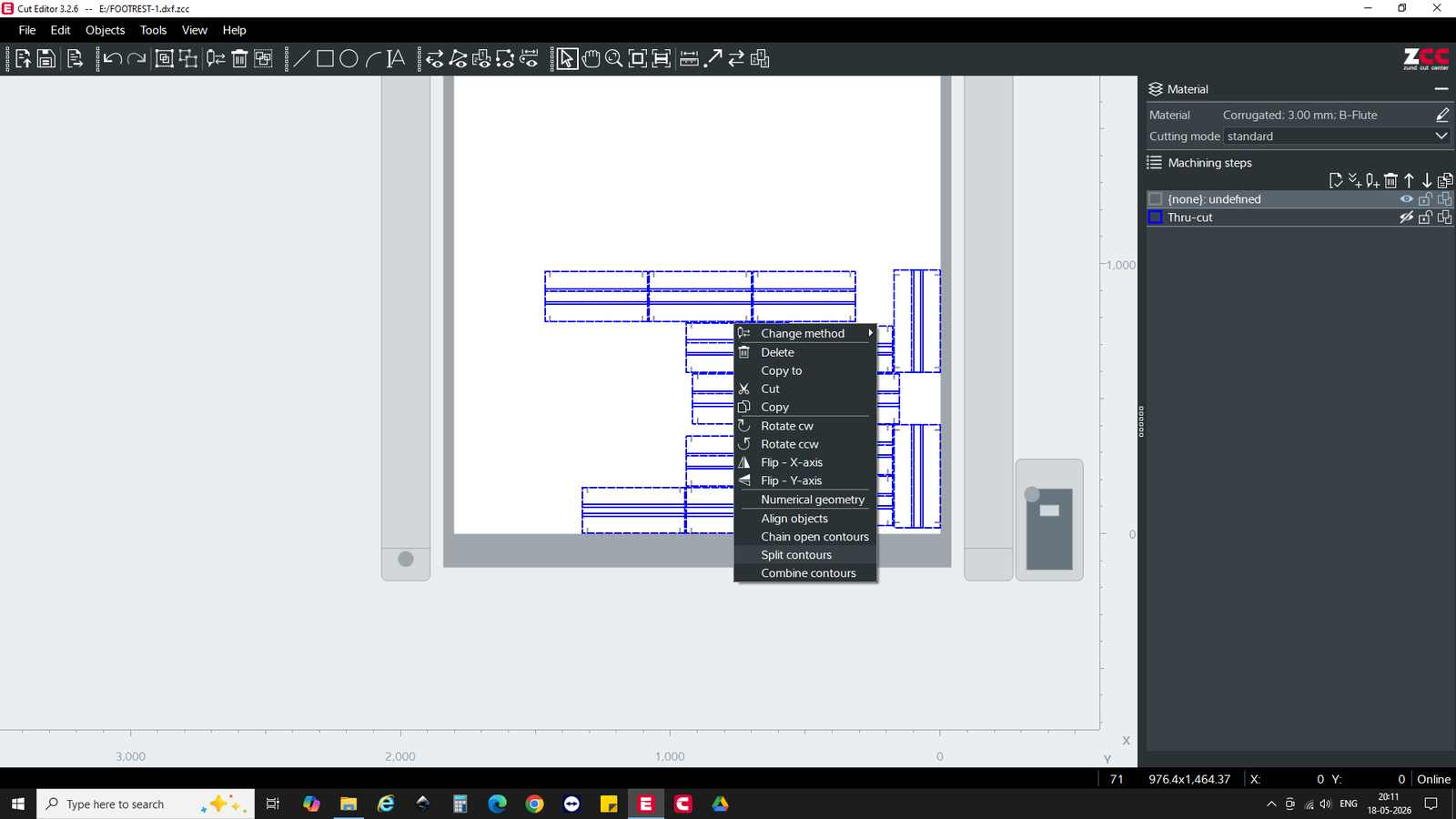 Select the lines to be cut through. Right Click > Change Method. This opens the Method Attributes dialog box. Choose THRU CUT, as I want to cut the part out. These appear as blue lines. This is why I said the colours assigned in the DXF would not be understood by the machine. However, they can help us or a third person understand what action has to be performed on each line.